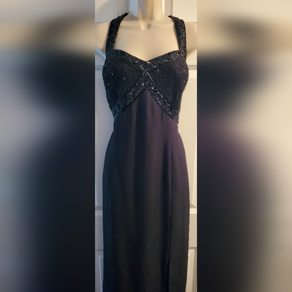 Black Formal Evening Gown | Embellished Bodice | Floor Length | Slit